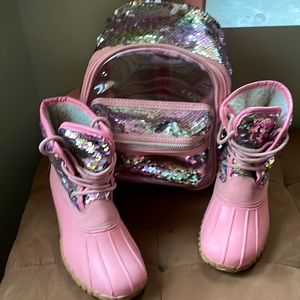 Pink and multicolored sequence rain boots with matching backpack purse